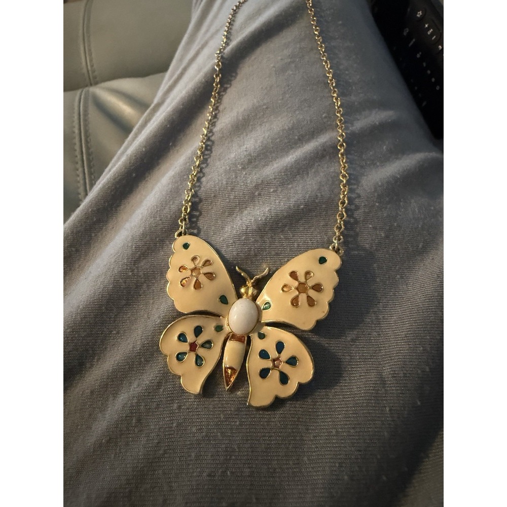 Vintage Gold Tone Large Yellow  Enamel Swing Butterfly Necklace